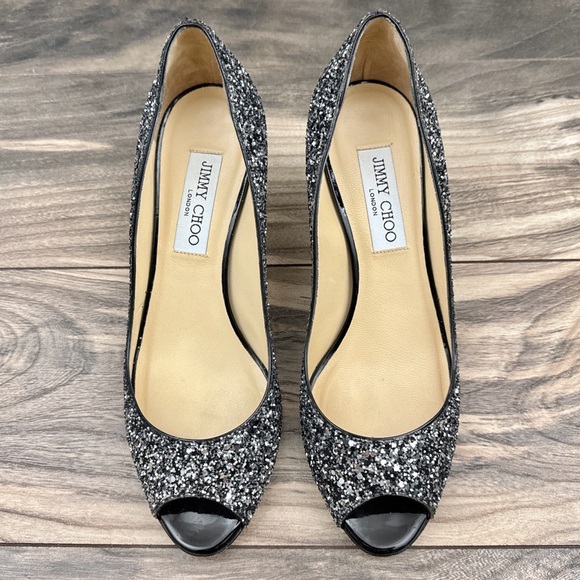 Jimmy Choo Isabel Coarse Glitter Fabric Silver/Black peep toe kitten heel EU 38 - Picture 3 of 14